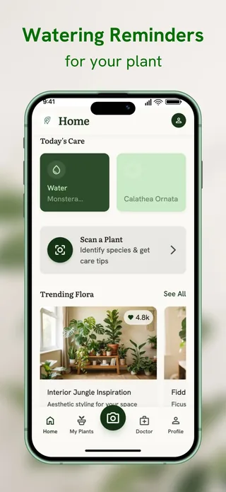 Plant care screenshot with a green watering reminder
